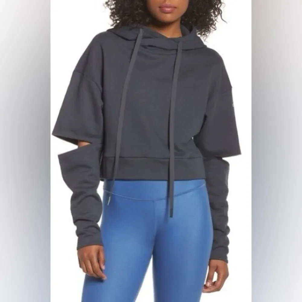 Alo Yoga Peak Cutout Long Sleeve Pullover Crop Hoodie Sweatshirt Charcoal Gray M